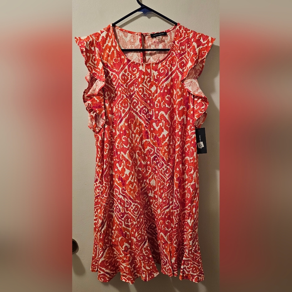 Tommy Hilfiger Printed Ruffle-Trim Linen Blend Sleeveless Dress Pink Size 12 NWT